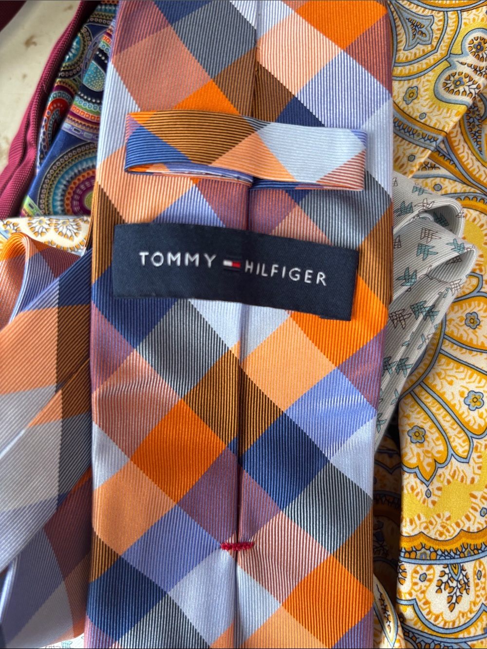 Tommy Hilfiger Orange, Blue & Brown Plaid Men's Tie - Picture 2 of 3